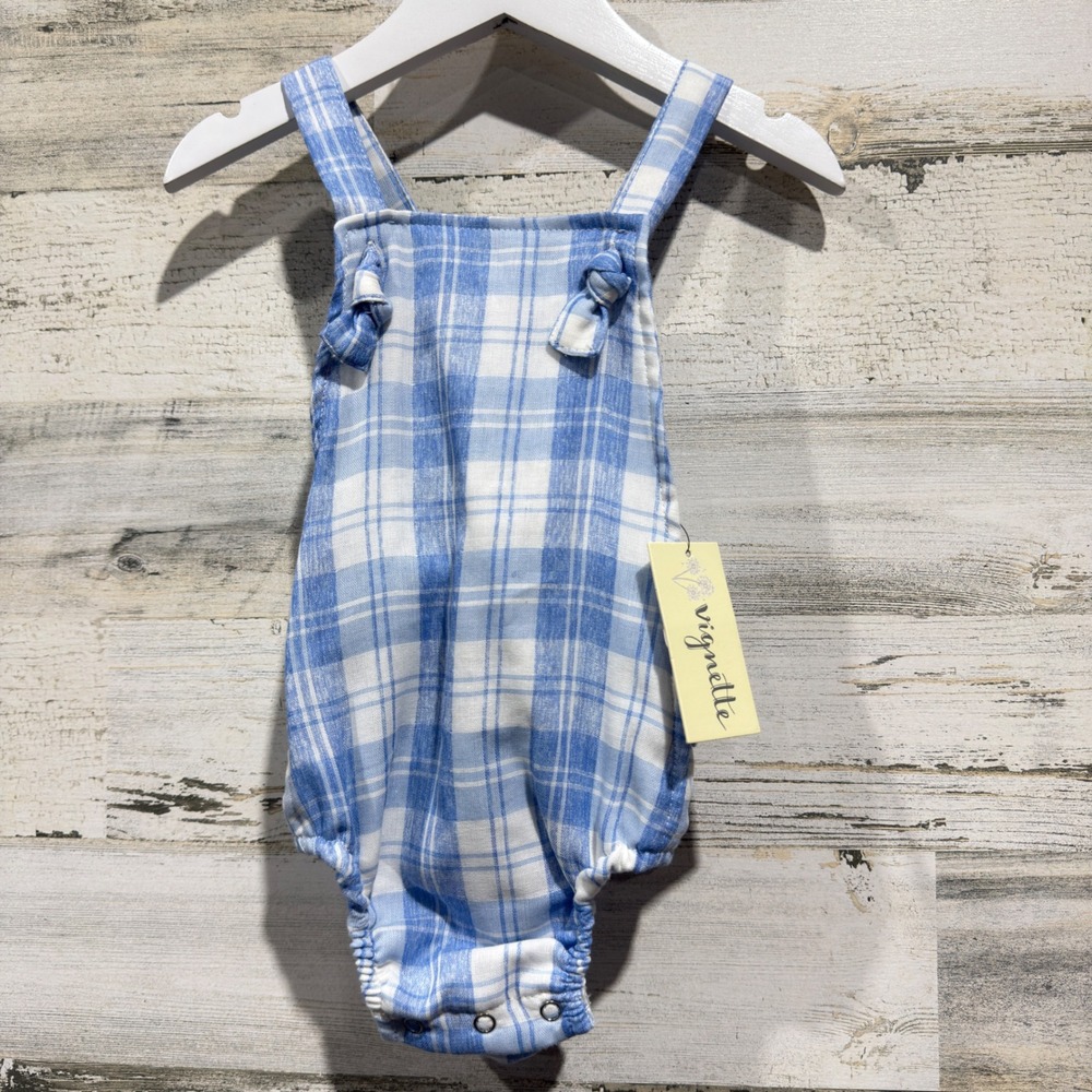 Vignette Bubble Romper Girls 12-18M Blue Plaid Ruffle Cotton Cottagecore NWT